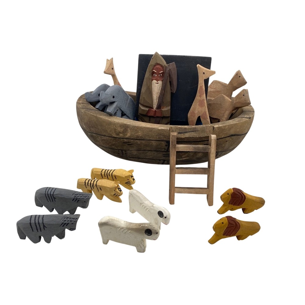 Vintage Noah's Ark Wooden Hand‎ Carved Painted 18 piece Set Noah Animals Story